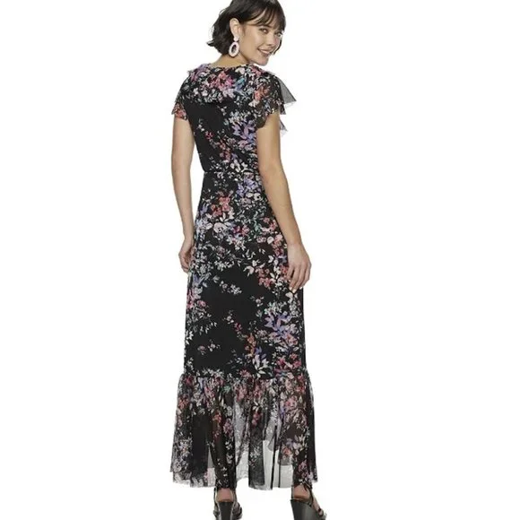 ❤️345 APT. 9 Floral Ruffled Wrap Short Sleeve Black Maxi Dress - Picture 3 of 9